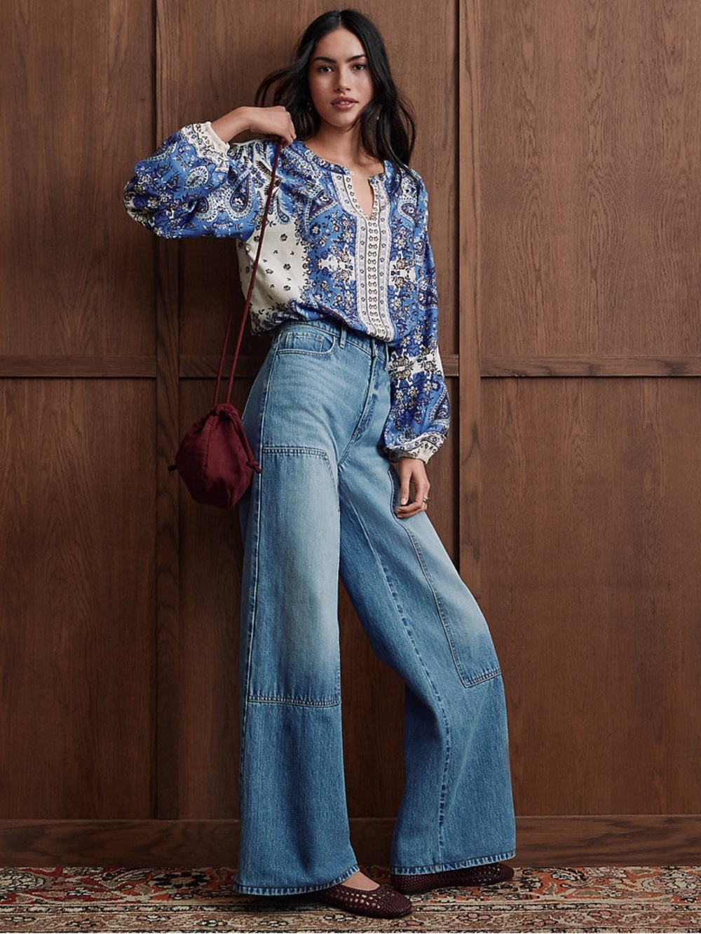 LOFT Light-Mid Blue Patchwork Wide-Leg Jeans